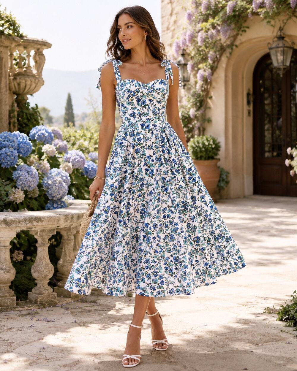 Shoshanna Helena Blue Floral Tie Shoulder Corset Midi Dress Luxe New $460 Retail